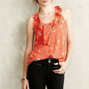 Anthropologie, Maeve Orange Patterned Ruffle Blouse